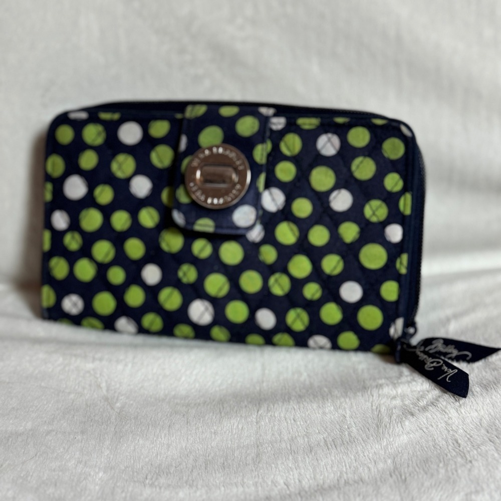 Vera Bradley Turn-lock Wallet Lucky Dots Navy with Green Dots Quilted Zip Wallet